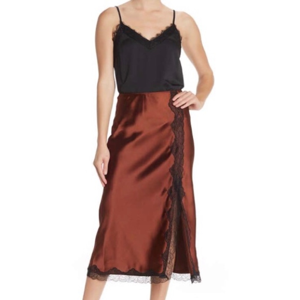 TOPSHOP Lace Trim Satin Midi Skirt
